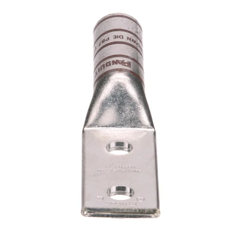 The LCC500-12-6 Tin-Plated Copper Compression Connector Lug, two-hole, long barrel, has color-coded barrels marked with Panduit and specified competitor die index numbers for proper crimp die selection. The long barrel maximizes the number of crimps and provides premium wire pull-out strength and performance. The enclosed barrel prevents corrosive material from entering the barrel when used in harsh environments. UL Listed and CSA Certified.