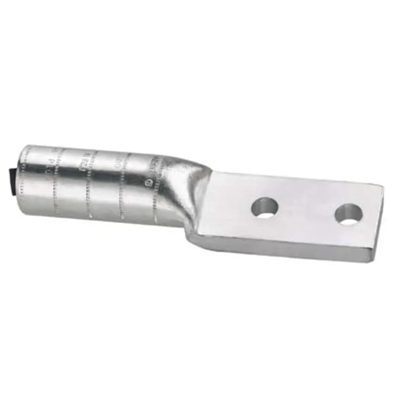 The LAB1000-12-1 Aluminum Compression Connector Lug, two-hole, is manufactured from high conductivity thick wall aluminum with an enclosed barrel for harsh environments. The color-coded barrels are marked with Panduit and specified competitor die index numbers for proper crimp die selection. Factory pre-filled with joint compound andtin-plated to inhibit corrosion. cULus listed up to 35kV and temperature rated to 90 C.