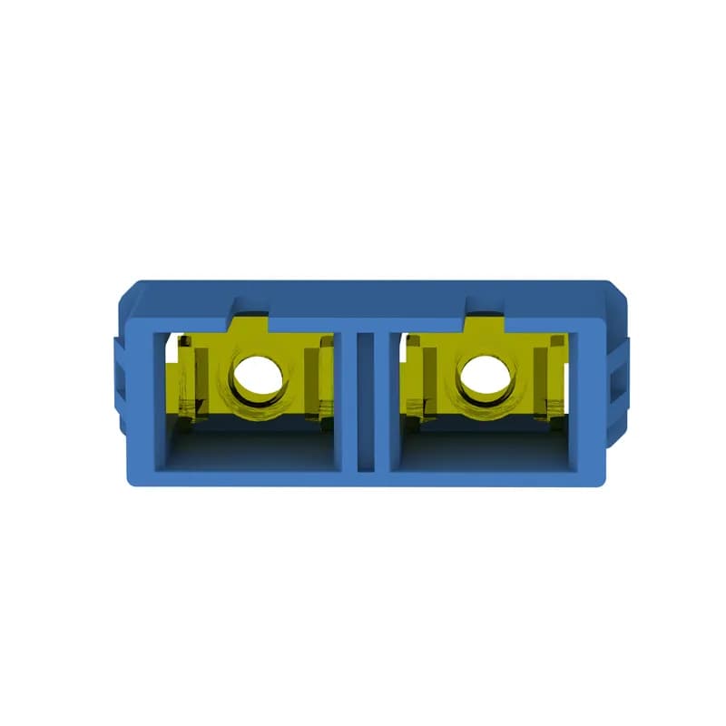 The SC duplex adapter connects two SC connector pairs in one module space and features a blue, singlemode fiber adapter and has zirconia split sleeves. This part (ending in -L) is a pack of 50 adapters.