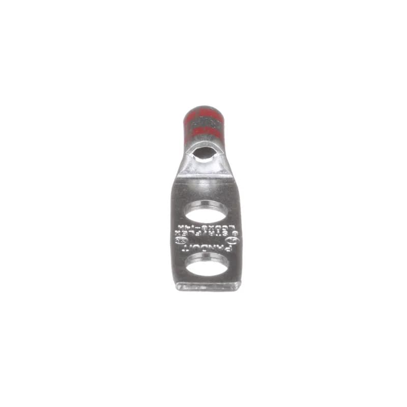 The LCDX8-14A-L Tin-Plated Copper Compression Lug, two-hole, standard barrel, has color-coded barrels marked with Panduit and specified competitor die index numbers for proper crimp die selection. An inspection window aids to visually assure full conductor insertion, and the tin-plate material helps to inhibit corrosion. UL Listed and CSA Certified to 35 KV and temperature rated to 90 C.