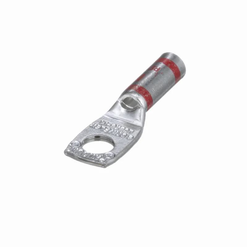 One-hole, flex lug, long barrel, #8 AWG, 1/4 stud hole.