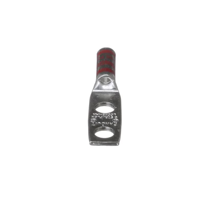 The LCCX8-14A-L Tin-Plated Copper Compression Lug, two-hole, long barrel, has color-coded barrels marked with Panduit and specified competitor die index numbers for proper crimp die selection. The long barrel maximizes the number of crimps and provides premium wire pull-out strength and performance. The generously beveled wire entry prevents bent back strands when inserting the conductor into the barrel. UL Listed and CSA Certified.