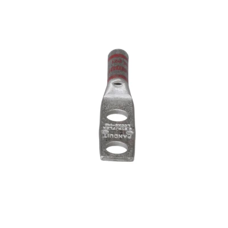 Two-hole, flex lug, long barrel, #8 AWG wire, 1/4 stud hole, .75 hole spacing.