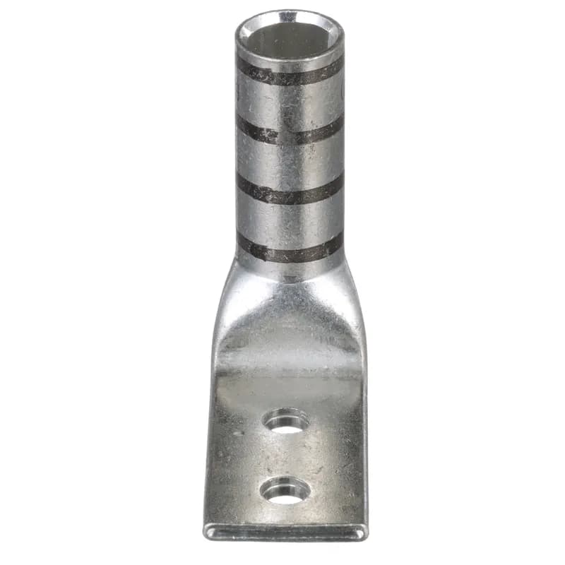 Two-hole, flex lug, long barrel, 2/0 AWG wire, 1/4 stud hole, .75 hole spacing, 90 angle tongue.