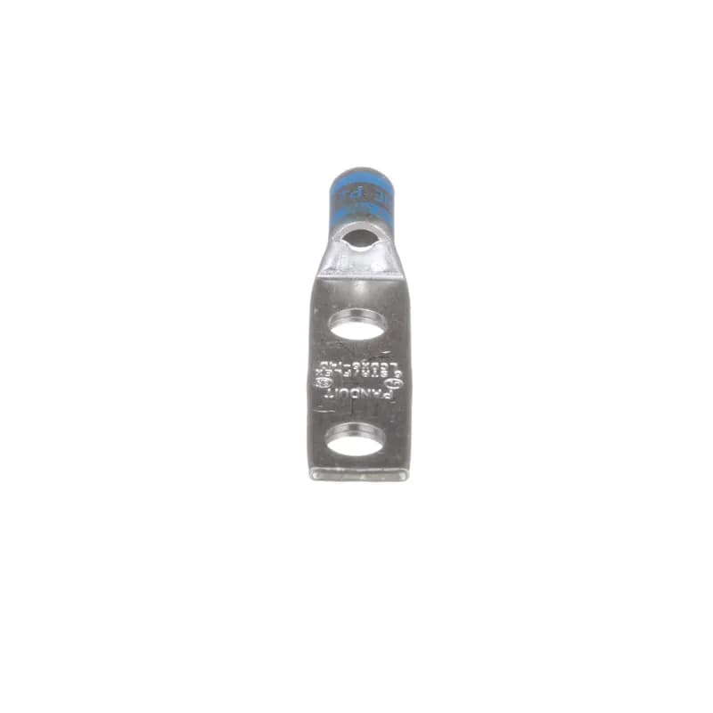 Two-hole, flex lug, #6 AWG wire, 1/4 stud hole, 1 hole spacing.