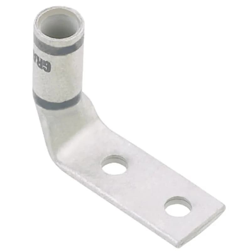 Two-hole, flex lug, #2 AWG wire, 1/4 stud hole, .75 hole spacing, 90 angle tongue.
