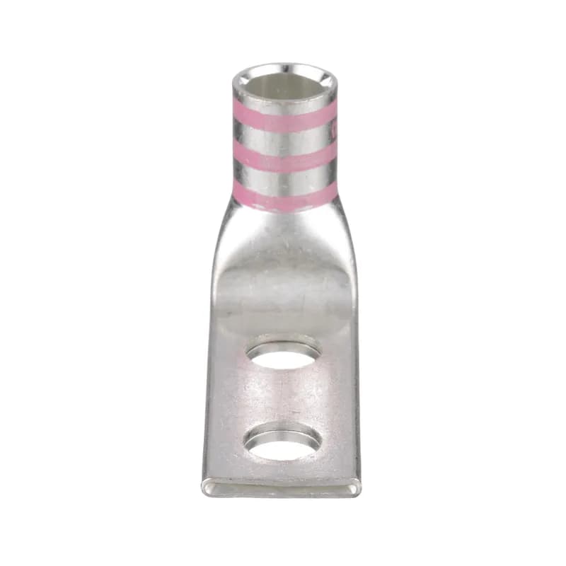 Panduit LCDX1/0-38DF-X - Two-hole, flex lug, 1/0 AWG wire, 3/8 stud hole, 1 hole spacing, 90 angle tongue.