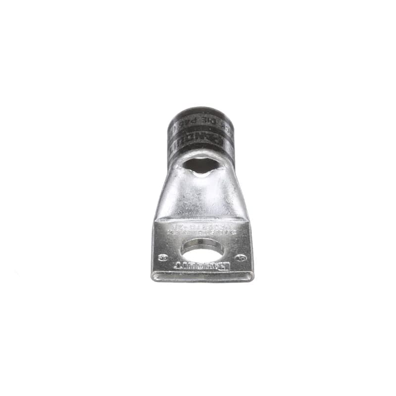 The LCAX2/0-38-X Tin-Plated Copper Compression Lug, one-hole, standard barrel, has color-coded barrels marked with Panduit and specified competitor die index numbers for proper crimp die selection. The generously beveled wire entry prevents bent back strands when inserting the conductor into the barrel. An inspection window aids to visually assure full conductor insertion, and the tin-plate material helps to inhibit corrosion. UL Listed and CSA Certified.