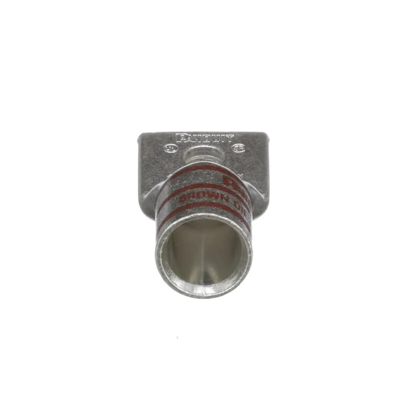 The LCAX450-12-6 Tin-Plated Copper Compression Lug, one-hole, standard barrel, has color-coded barrels marked with Panduit and specified competitor die index numbers for proper crimp die selection. An inspection window aids to visually assure full conductor insertion, and the tin-plate material helps to inhibit corrosion. UL Listed and CSA Certified to 35 KV and temperature rated to 90 C.