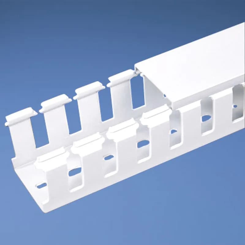 The NNC50X75WH2 Halogen-Free Wide Slot Wiring Duct is used to route, protect, and manage wires near sensitive electronic equipment and in environments where heat resistance or public safety is a concern. UL 94 flame class of V-0 with a UL recognized continuous-use temperature up to 95 C (203 F). Halogen-Free, Polyphenylene Oxide (PPO). Mounting holes provided. 2.85" x 1.95" (72.4 mm x 49.5 mm) and 6.6' (2 m) long. Cover included. Color White. 5 pieces per package.