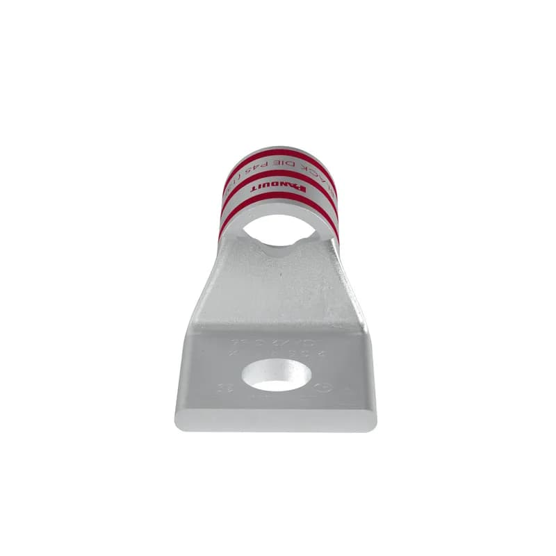 The LCAX2-56-E Tin-Plated Copper Compression Lug, one-hole, standard barrel, has color-coded barrels marked with Panduit and specified competitor die index numbers for proper crimp die selection. An inspection window aids to visually assure full conductor insertion, and the tin-plate material helps to inhibit corrosion. UL Listed and CSA Certified to 35 KV and temperature rated to 90 C.