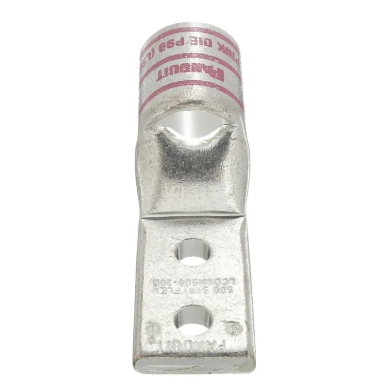 Two-hole, flex lug, standard barrel with window, narrow tongue, 500 kcmil cable, 3/8 stud hole, 1 hole spacing.
