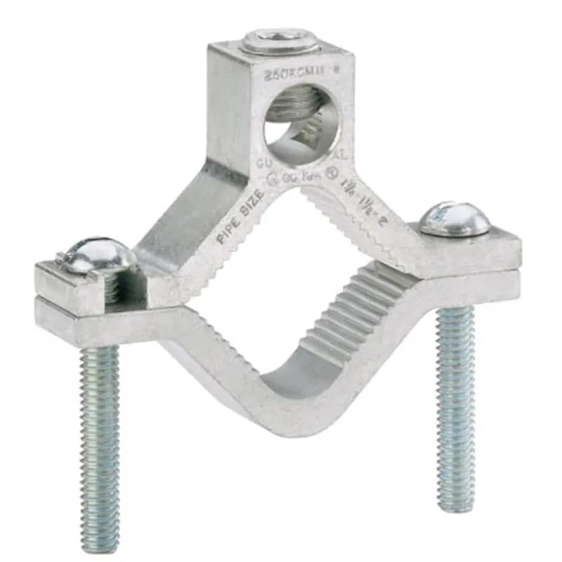Aluminum dual rated ground clamp, type GC, conduit pipe or water tube size 1 1/4" 1", 1/2" 2".