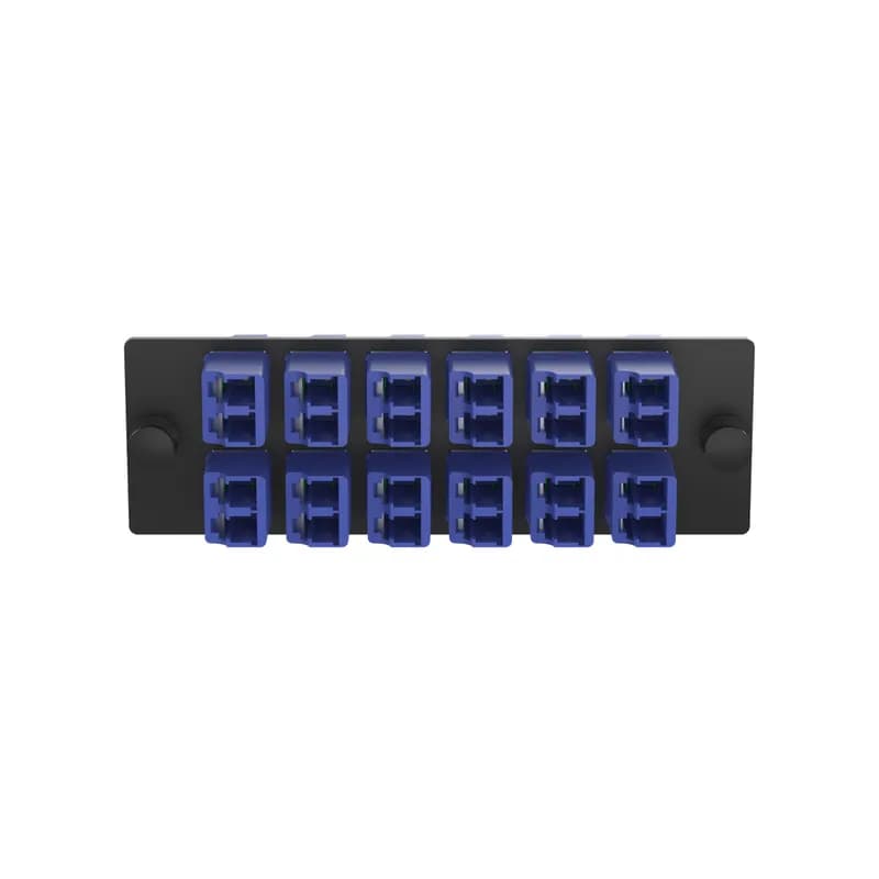 The Opticom LC fiber adapter panel is OS2 and is loaded with 12 LC duplex fiber optic adapters. The fiber optic adapters are blue with zirconia split sleeves.
