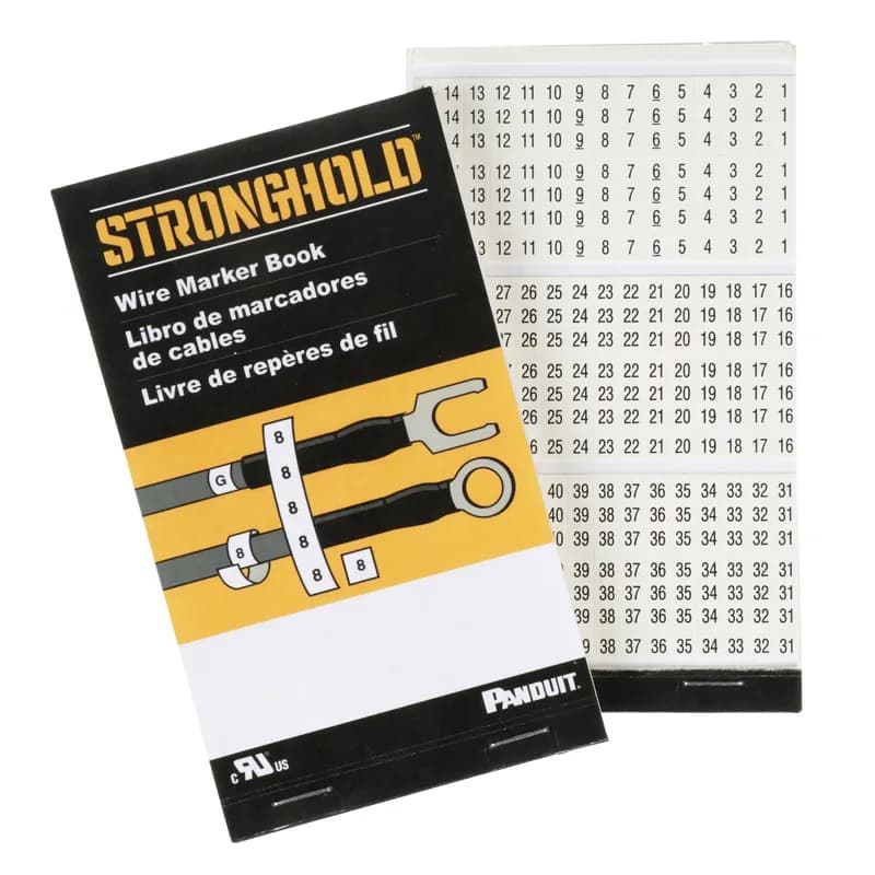 Panduit PCMB-3 - StrongHold PCMB-3 Pre-Printed Wire Marker Books are conveniently pocket-sized, containing wire labels printed on vinyl cloth. Markers are durable enough for up to 5 years outdoor UV Resistance, oil and abrasions. They can also be torn in half to label each end of the conductor. The legend includes 1-45, there are 10 markers per legend, and 10 pages per book.