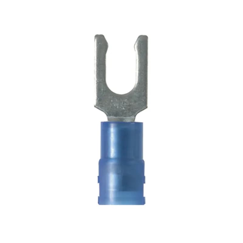 Locking Fork Terminal, nylon insulated, funnel entry, 18-14 AWG, #10 stud size, standard package.