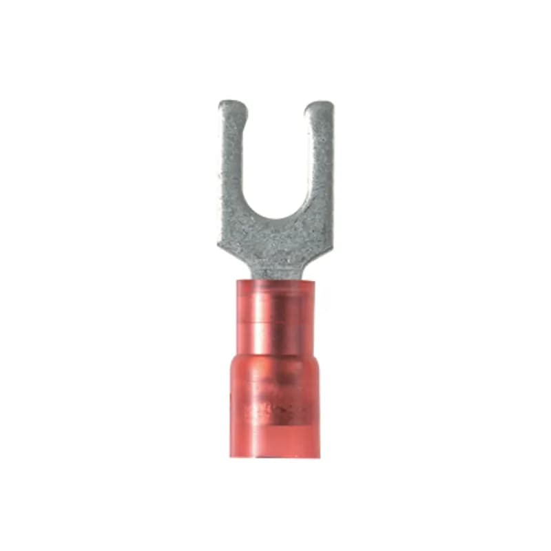 Locking Fork Terminal, nylon insulated, funnel entry, 22-18 AWG, #10 stud size, standard package.