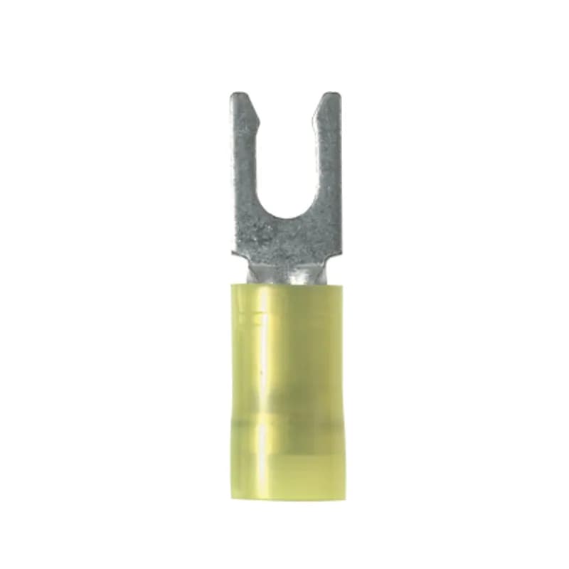 Locking Fork Terminal, nylon insulated, funnel entry, 12-10 AWG, #8 stud size, standard package.