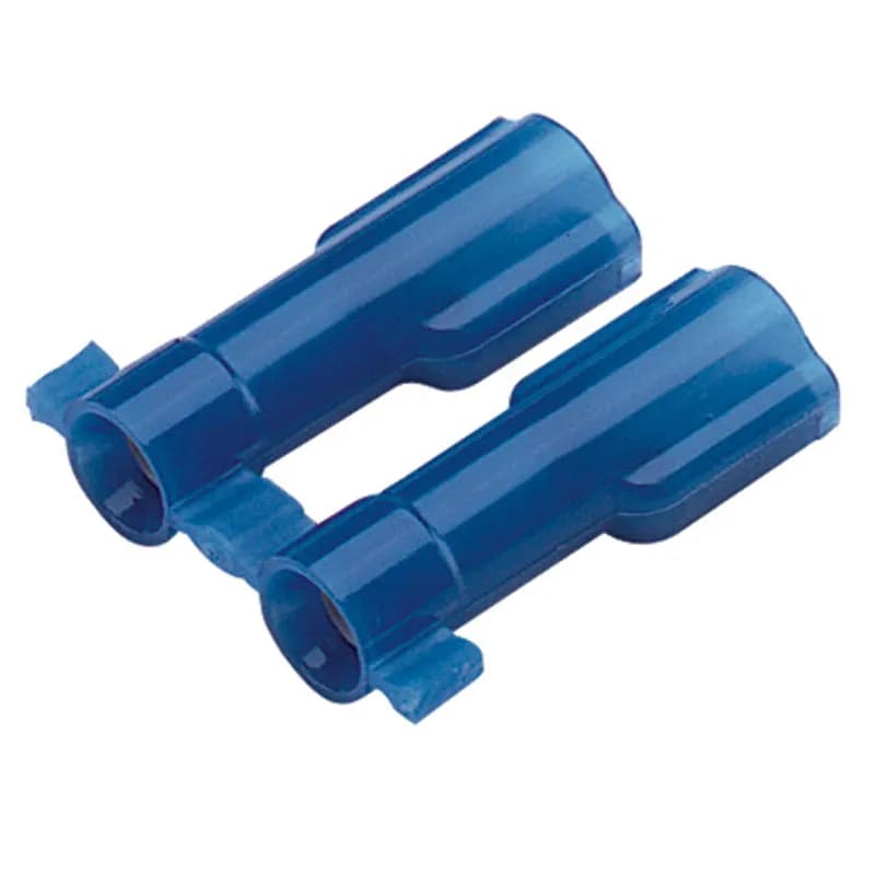 The Supra-Grip female disconnect is made of brass and is tin-plated. It is fully insulated in blue nylon. It has a tab size of 0.250 x 0.032 (6.3 x 0.5 mm) and supports a wire range of 16-14 AWG (1.5-2.5 mm ). It is 0.93" (23.6 mm) long and 0.35" (8.9 mm) wide. The disconnect has a double crimp funnel entry barrel configuration and a butted seam barrel with an integrated metal insulation grip. It comes in reels of 3000.