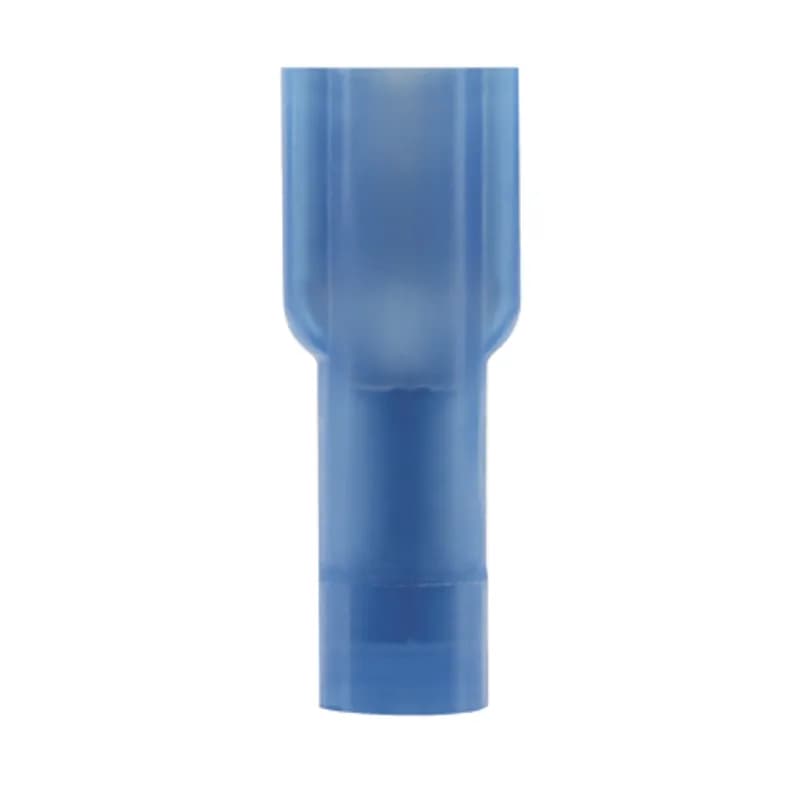 The Supra-Grip female disconnect is made of brass and is tin-plated. It is fully insulated in blue nylon. It has a tab size of 0.250 x 0.032 (6.3 x 0.5 mm) and supports a wire range of 16-14 AWG (1.5-2.5 mm ). It is 0.93" (23.6 mm) long and 0.35" (8.9 mm) wide. The disconnect has a double crimp funnel entry barrel configuration and a butted seam barrel with an integrated metal insulation grip. It comes in boxes of 1000.