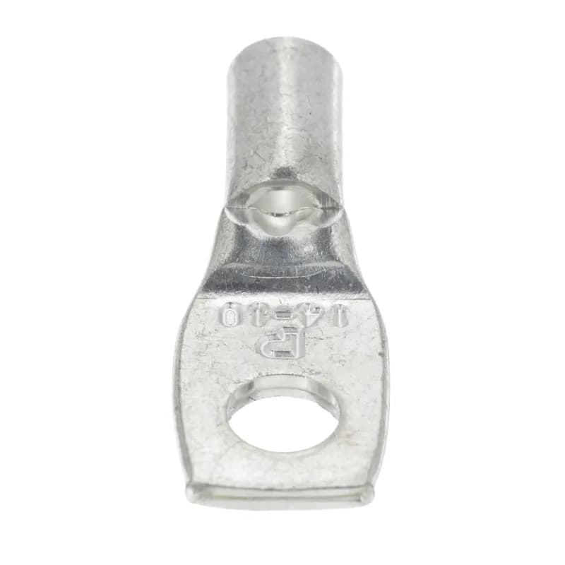 The LCA10-10-L Tin-Plated Copper Compression Lug, one-hole, standard barrel, has color-coded barrels marked with Panduit and specified competitor die index numbers for proper crimp die selection. An inspection window aids to visually assure full conductor insertion, and the tin-plate material helps to inhibit corrosion. UL Listed and CSA Certified to 35 KV and temperature rated to 90 C.