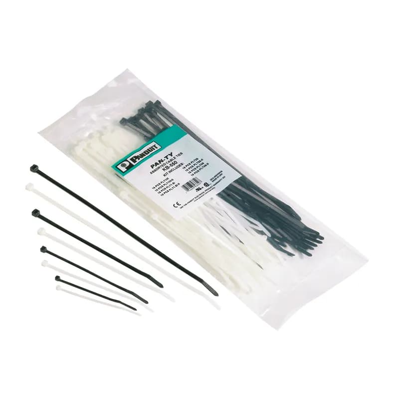 Assortment Pack for Indoor and Outdoor UsePan-Ty Cable Ties:Natural Nylon 6.6(15) PLT1M(15) PLT1.5I(15) PLT2S(15) PLT3SBlack Weather Resistant Nylon 6.6 (10) PLT1M-0 (10) PLT1.5I-0(10) PLT2S-0(10) PLT3S-0