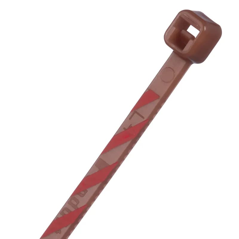 Pan-Ty locking tie, miniature cross section, 4.0" (102mm) length, nylon 6.6, bronw/red stripe.