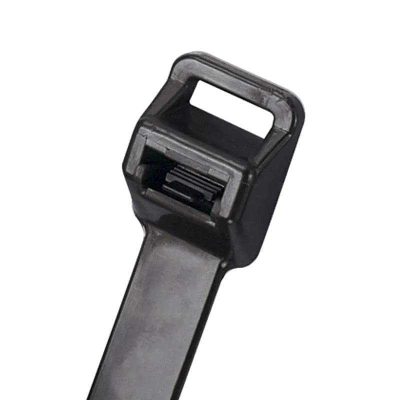 PRT5EH-C0 releasable lashing cable ties are designed for heavy duty applications and feature a quick-release tab that facilitates easy bundle release and/or re-fastening when changes are anticipated during development, servicing, or production. Extra-heavy cross section, 20.1" (511mm) long. For indoor or outdoor use, they are made of black UV and weather-resistant Nylon 6.6 and come in packages of 100.