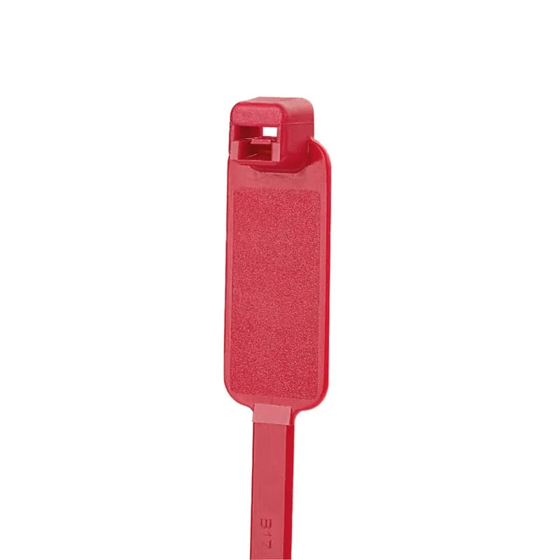 Pan-Ty marker tie, wrap, standard cross section, 7.4 (188mm) length, .44 x .87 (11.1 x 22.1mm) marker write-on area, nylon 6.6, red.