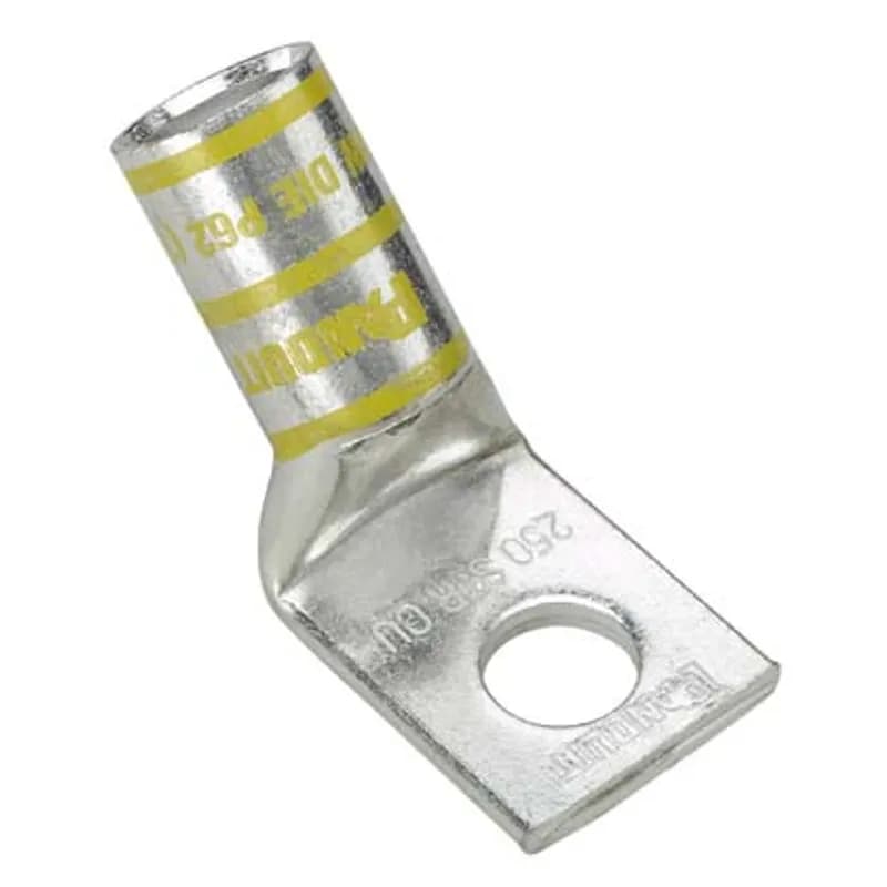 One-hole, standard barrel with window lug, #2 AWG wire, 45 angle tongue, 5/16 stud hole.