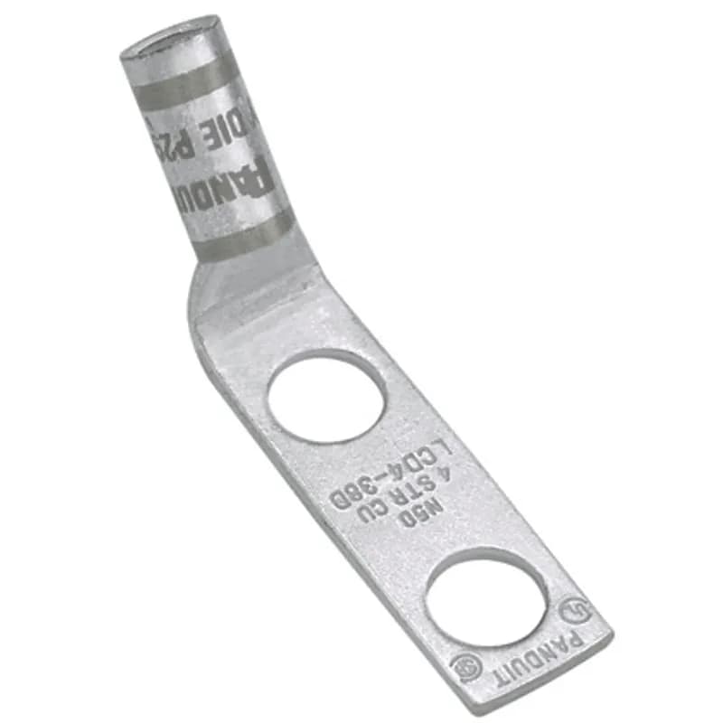 Two-hole, standard barrel lug with window, #8 AWG wire, 1/4 stud hole, .63 hole spacing, 45 angle tongue.