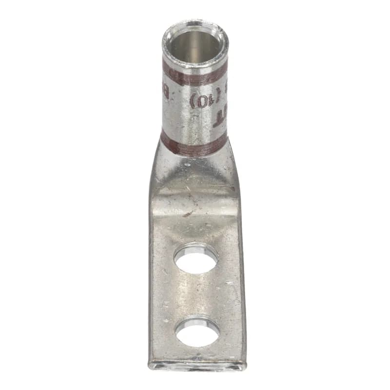 Two-hole, standard barrel lug with window, #2 AWG wire, 1/4 stud hole, .63 hole spacing, 90 angle tongue.