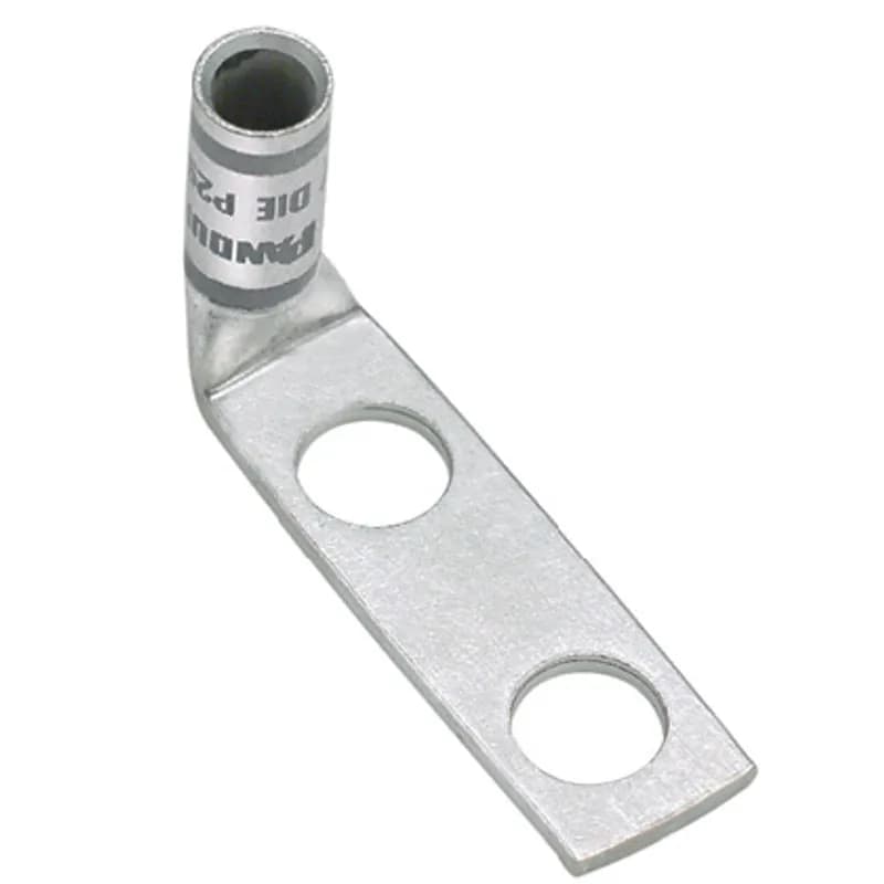 Two-hole, standard barrel lug with window, 2/0 AWG wire, 5/16 stud hole, .88 hole spacing, 90 angle tongue.