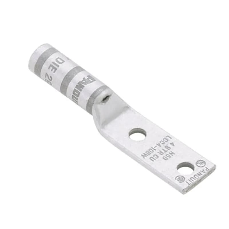 Two-hole, flex lug, long barrel, 450 kcmil cable, 3/8 stud hole, 1 hole spacing.