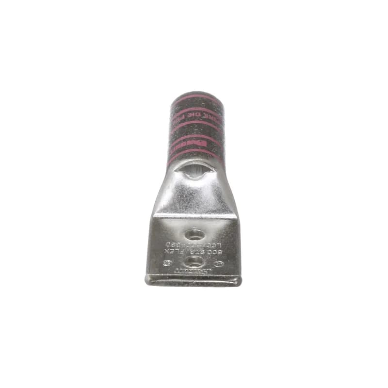 Two-hole, flex lug, long barrel, 500 kcmil cable, 3/8 stud hole, 1 hole spacing.