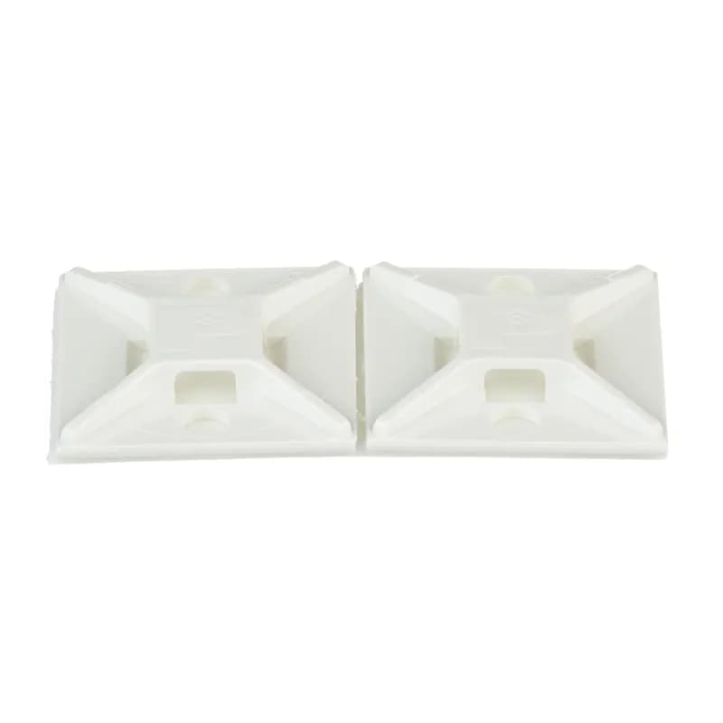 Panduit s ABM2S-A-D 4-way rubber-based adhesive backed cable tie mounts have been designed for fast installation and long-term performance and reliability. They are made of ABS plastic. These mounts can be used with miniature, intermediate, and standard cable ties and are intended for use in indoor environments. They are 1 x 1 (25.4mm x 25.4mm), supplied in strips of 2, are white in color and come in packages of 500.