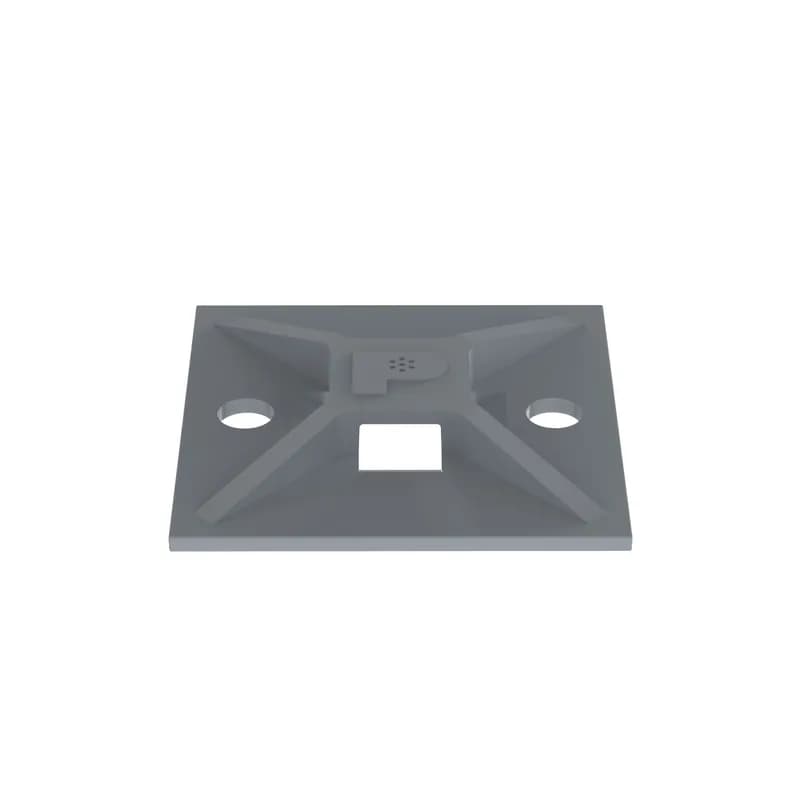 The 4-way adhesive backed cable tie mount in gray is mounted with rubber adhesive tape. It is 1" long x 1" wide (25.4 x 25.4 mm) and made of ABS plastic. It is used with miniature, intermediate, and standard cable ties. It is designed for indoor environments and comes in packages of 100.