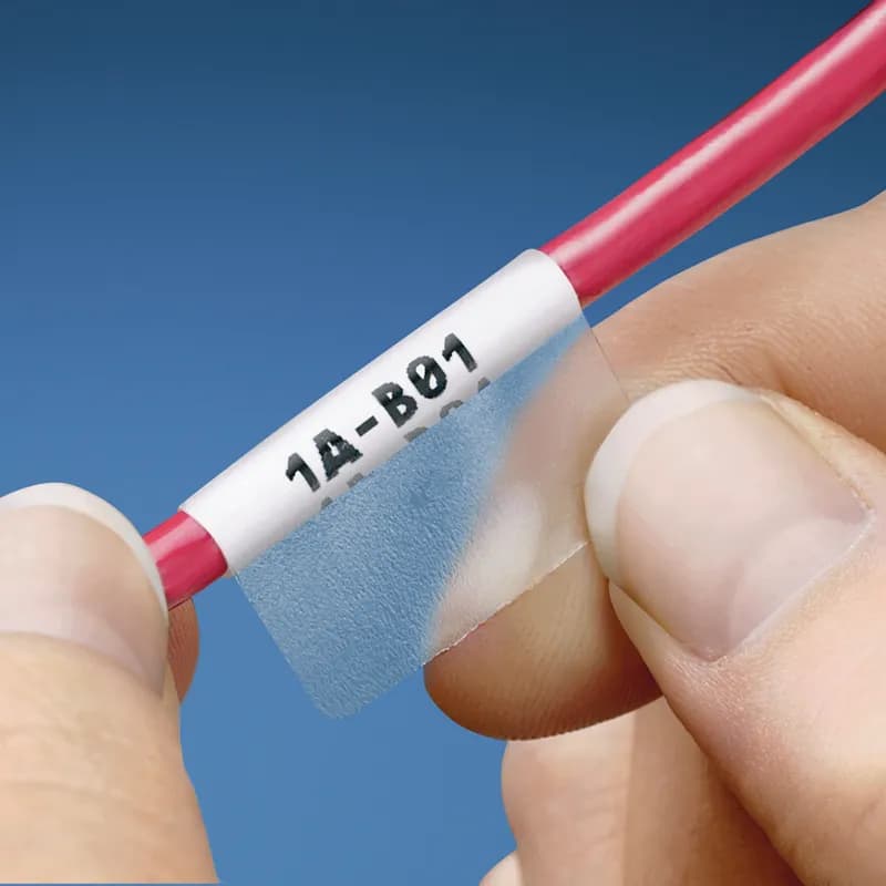 The laser/ink jet self-laminating adhesive label is made of polyester and is supplied on 8.5 x 11" (203.2 x 292.1 mm) sheets with 8 labels per row and 32 labels per sheet. The label has a blue colored print-on area 0.75" (19.1 mm) high for Category 6 FTP, Category 6a (10 Gig) UTP, Category 6a (10 Gig) FTP, 8 - 4 AWG wires, and a clear overlaminate. It is 1.0" wide and 2.25" long (25.4 x 57.2 mm). It comes in packages of 1000.
