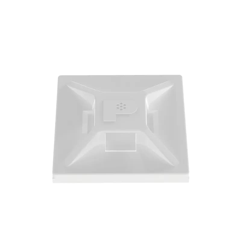 Panduit s ABMM-AT-D 4-way acrylic-based adhesive backed cable tie mounts have been designed for fast installation and long-term performance and reliability. They are made of ABS plastic. These mount can be used with miniature and intermediate cable ties and are designed for indoor, high-temperature environments. They are 0.75" x 0.75" (19.1mm x 19.1mm), supplied in strips of 2, are white in color and come in packages of 500.