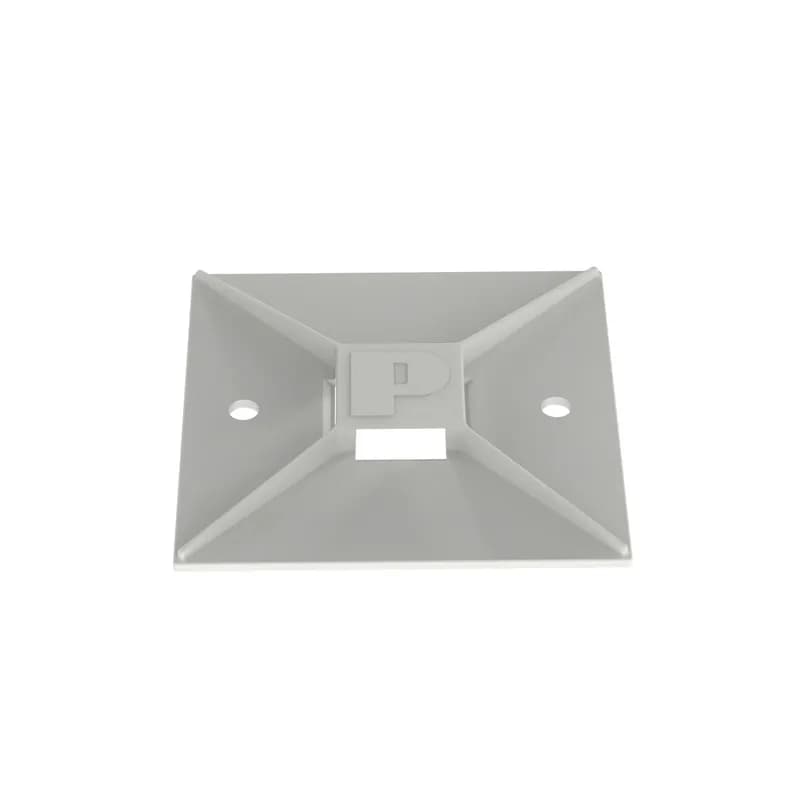 Panduit s ABM2S-AT-D 4-way acrylic-based adhesive backed cable tie mounts have been designed for fast installation and long-term performance and reliability. They are made of ABS plastic. These mounts can be used with miniature, intermediate, and standard cable ties and are designed for indoor, high-temperature environments. They are 1" x 1" (25.4mm x 25.4mm), supplied in strips of 2, are white in color and come in packages of 500.