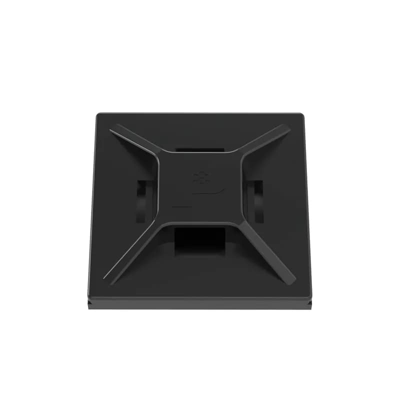 Panduit s ABMM-AT-C0 4-way acrylic-based adhesive backed cable tie mounts have been designed for fast installation and long-term performance and reliability. They are made of weather resistant ABS plastic. These mounts can be used with miniature and intermediate cable ties and are designed for outdoor, high-temperature environments. They are 0.75" x 0.75" (19.1mm x 19.1mm), supplied in strips of 2, are black in color and come in packages of 100