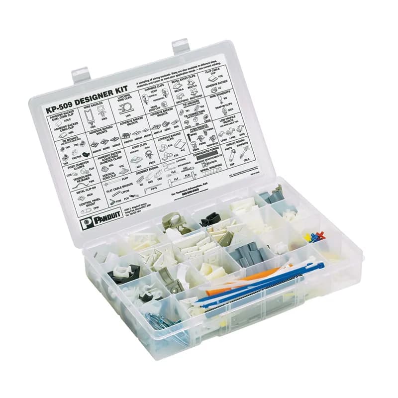 Cable tie and accessory kit for indoor use contains Panduit Premium Cable Ties in different styles, sizes, and colors and huge assortment of cable tie mounts and wiring accessories. Over 600 pieces for prototyping and new product development in a sturdy plastic kit box.