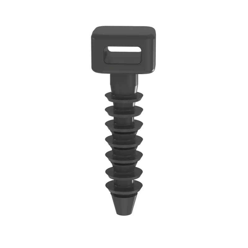 Panduit MPMS19-M0 - The masonry push barb cable tie mount in black, made of impact modified, weather-resistant nylon 6.6 uses a fir tree hole mounting method. It requires a hole diameter of 0.19" (4.8 mm) and is designed for use in indoor and outdoor environments. It is used with miniature, intermediate, and standard cables ties. It comes in packages of 1000.