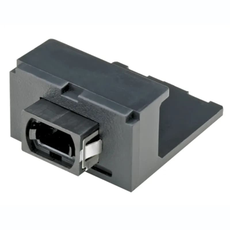 The Mini-Com Simplex MPO Method A Black Adapter is a small form factor (SFF) adapter with integrated panel retention clips and are TIA/EIA-605 FOCIS-10 compatible. It connects two MPO connectors, featuring a Black MPO fiber adapter and a black module. This module populates two Mini-Com ports.