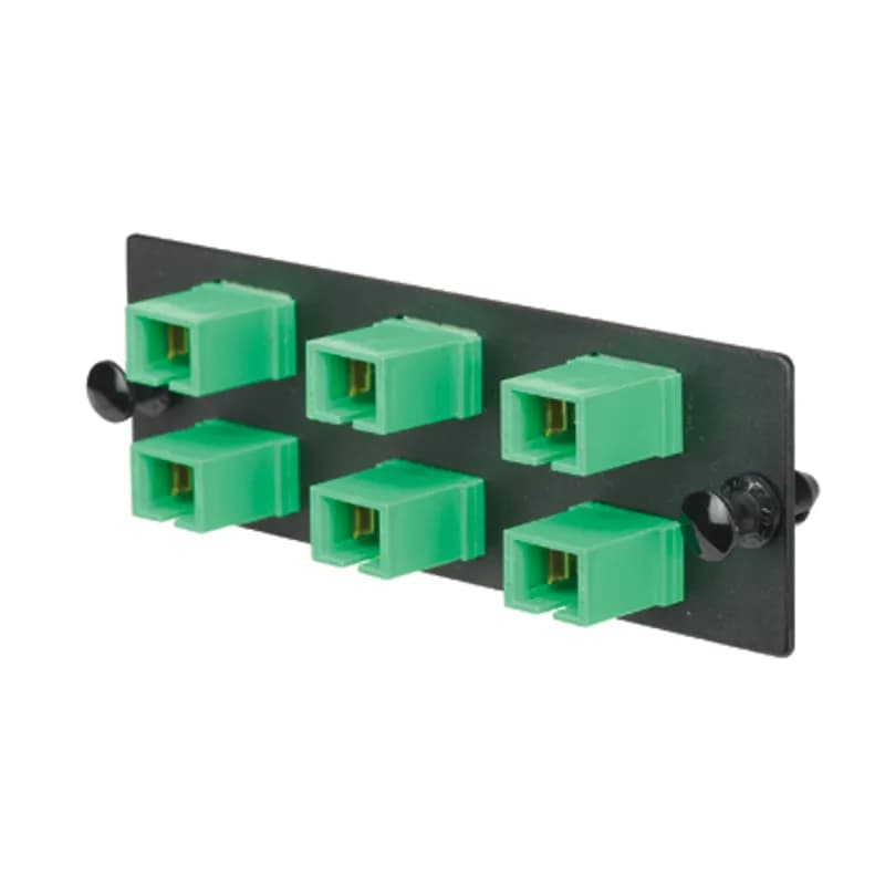 The Opticom SC fiber adapter panel is OS2 and is loaded with 3 SC APC duplex fiber optic adapters. The fiber optic adapters are APC green with zirconia split sleeves.