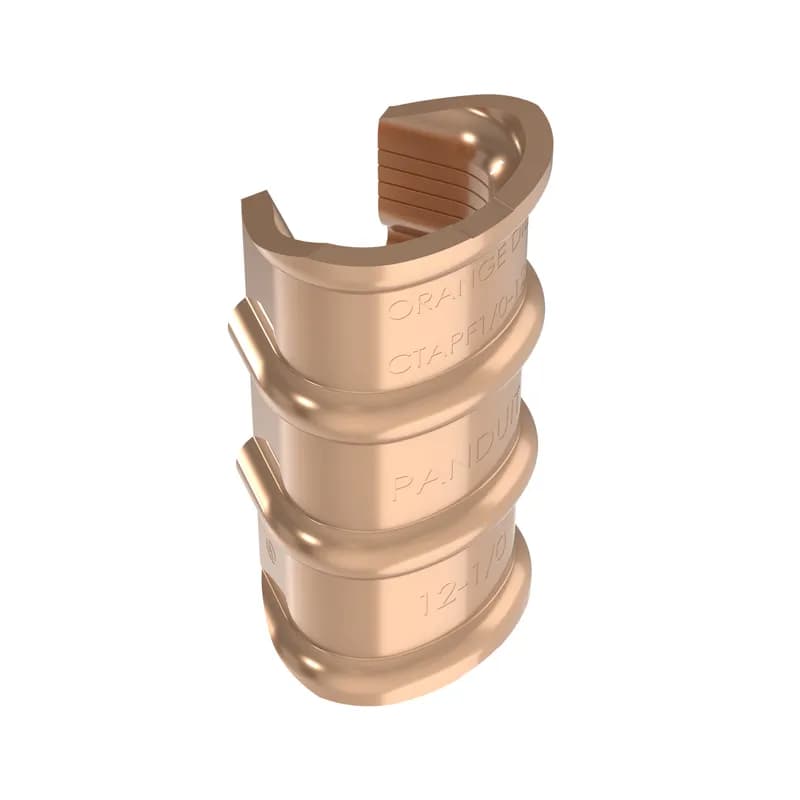 The CTAPF1/0-12-L Compression Connector Tap provides high-strength and premium electrical properties. It is suitable for use with stranded copper code conductors and is for tapping into unbroken continuous main, splicing and pig tailing. The wide wire range-taking capability minimizes inventory requirements. UL listed per UL486 for use up to 600V and temperature rated to 90 C when crimped with Panduit and specified competitor crimping tools and dies.