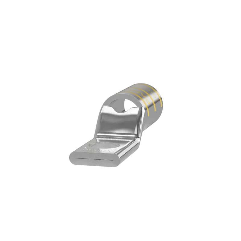 The LCAN250-38-X Tin-Plated Copper Compression Lug, one-hole, standard barrel, narrow-tongue, has color-coded barrels marked with Panduit and specified competitor die index numbers for proper crimp die selection. An inspection window aids to visually assure full conductor insertion, and the tin-plate material helps to inhibit corrosion. UL Listed and CSA Certified to 35 KV and temperature rated to 90 C.