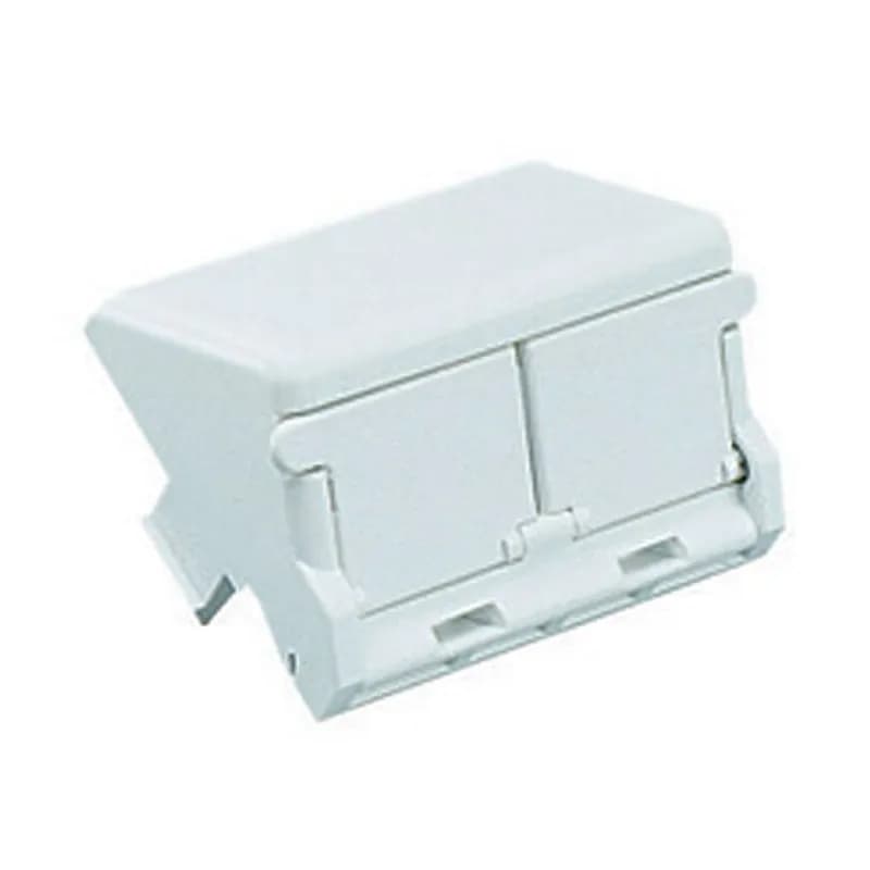 The Mini-Com 1/2 size sloped shuttered module insert, accepts two Mini-Com modules, mounts to faceplate frames and is off white.