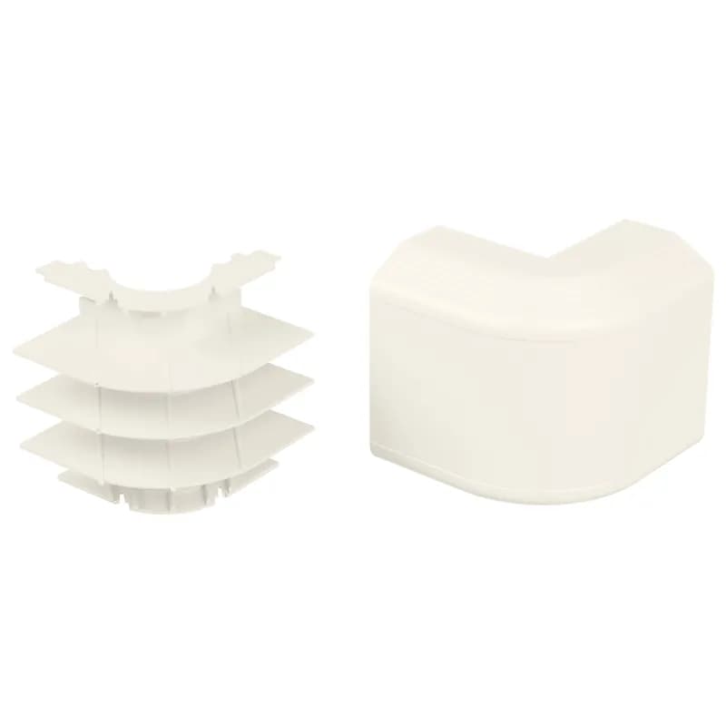 The outside corner fitting is used to join sections of T-70 raceway at outside corners while maintaining separation of power and data. It is White.