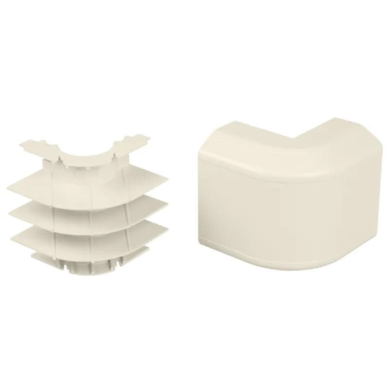 The outside corner fitting is used to join sections of T-70 raceway at outside corners while maintaining separation of power and data. It is Off White.